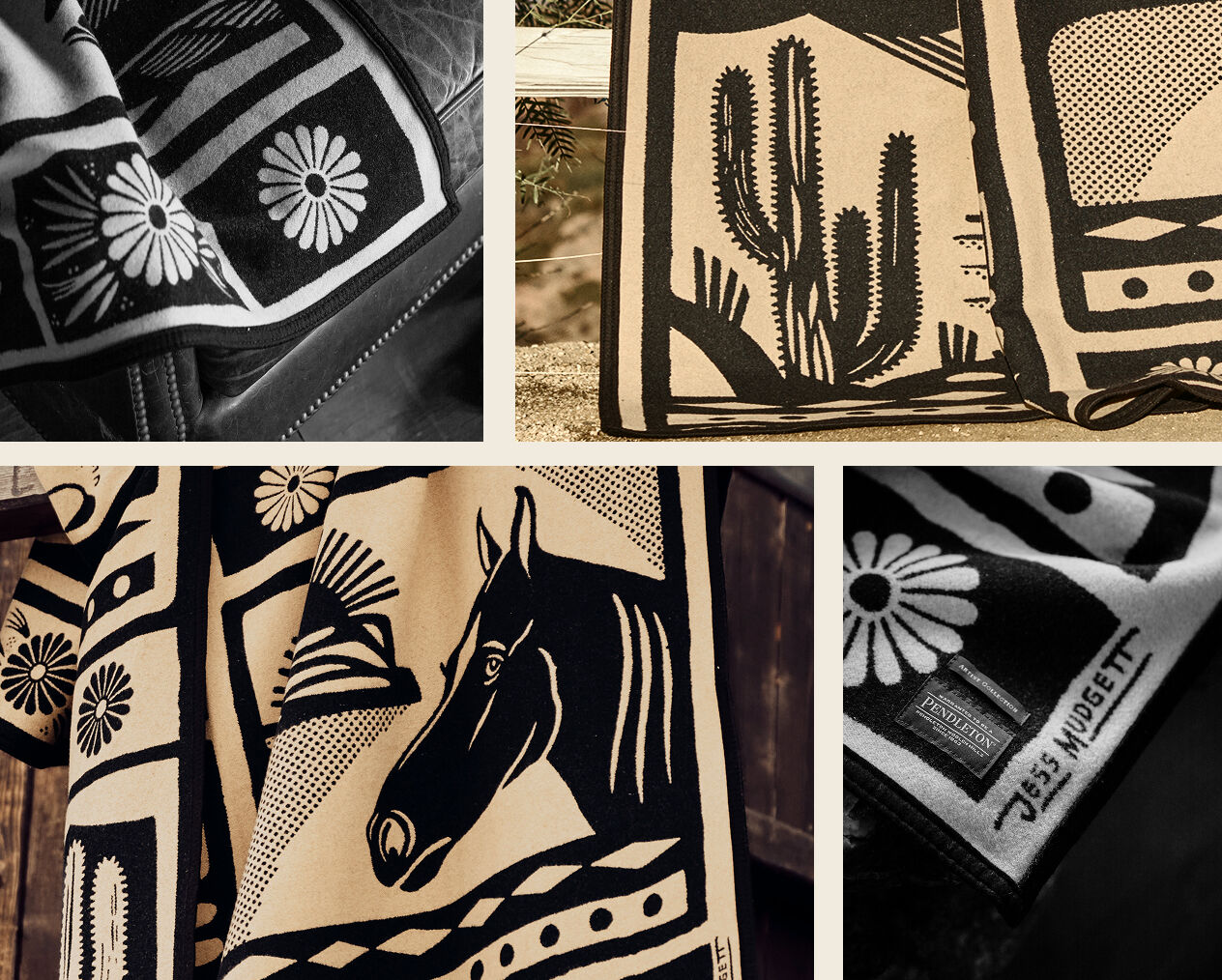 collage of blanket detail images featuring geometric illustrated horses and landscapes