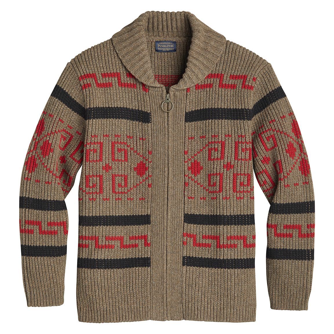 The Pendleton Westerley Sweater in clay, red and black.
