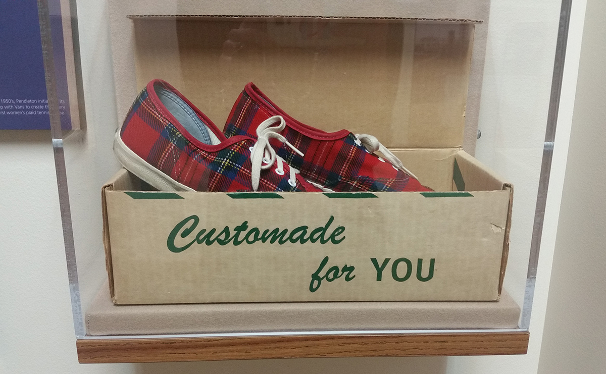 Vans x pendleton shoes from the 1970s in airtight display box, Pendleton Heritage hallway display