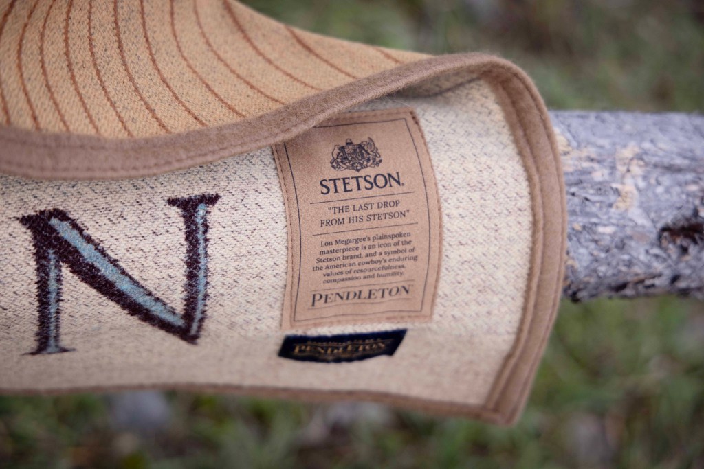 A close-up shot of the commemorative patch on the Stetson x Pendleton collaborative blanket