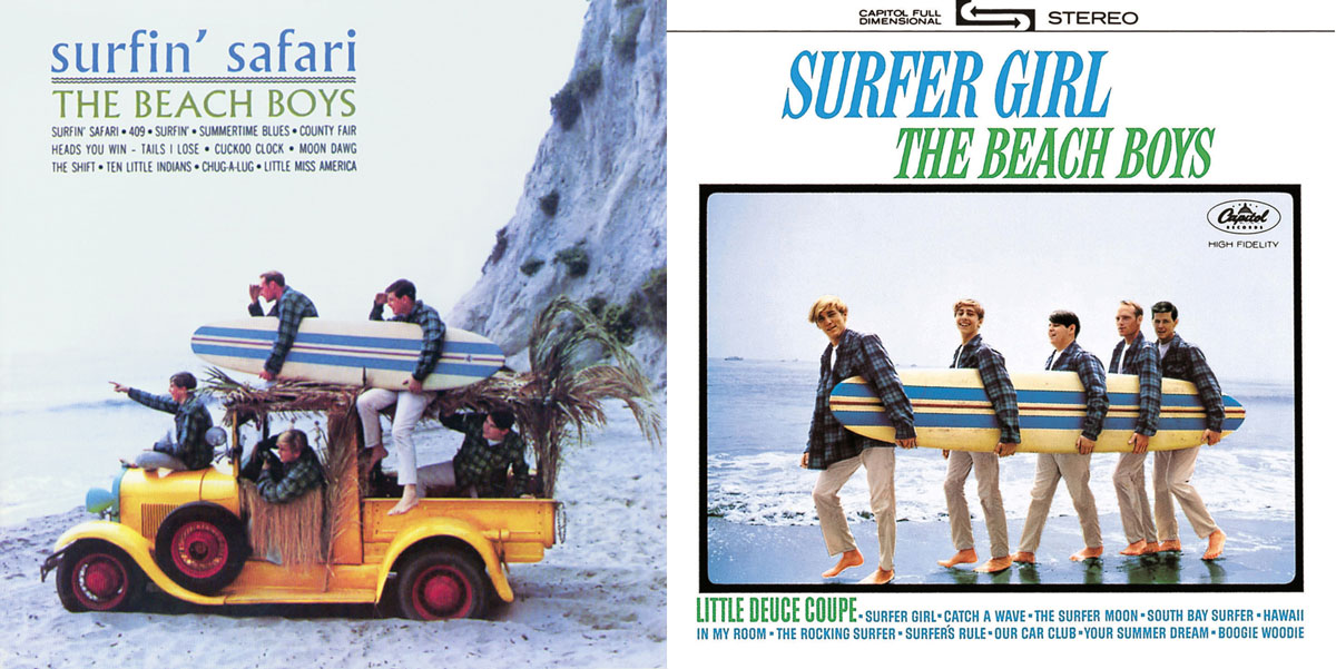 Album covers by the Beach boys, for Surfin' Safari and Surfer Gilr. The Boys are wearing Pendleton Board Shirts.