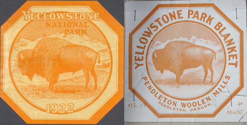 Two early cardboard lables for the Yellowstone blanket, showing buffalo