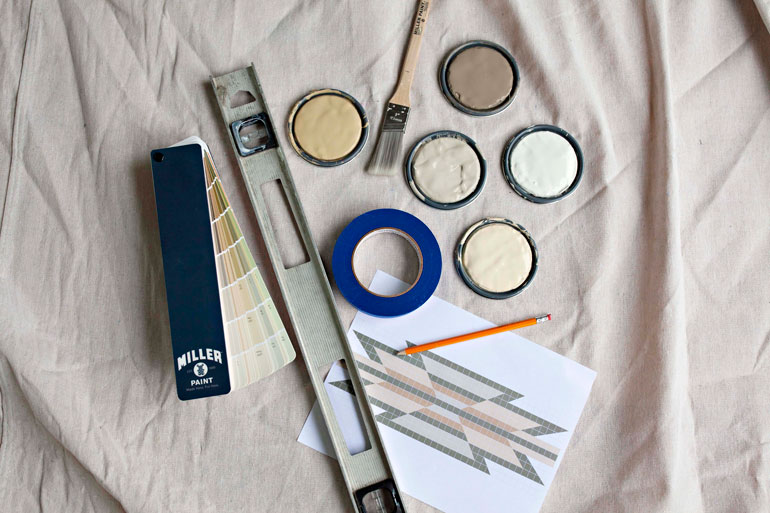 Miller Paint supplies, along with a swatch set, level, stencil, paintbrush, and painter tape. Photo by Oregon Home and Miller Paint, used with permission.