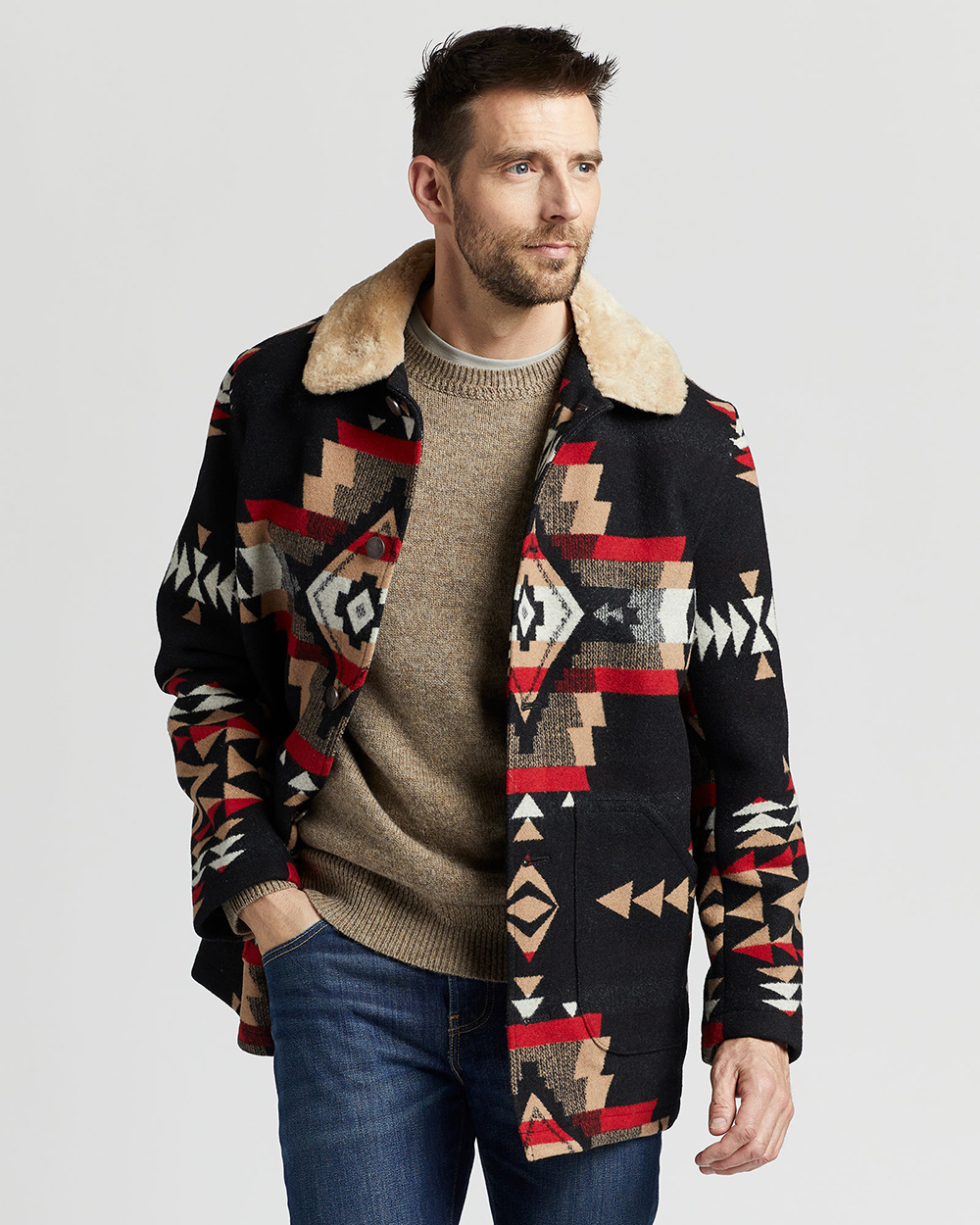 A man wearing a Pendleton Brownsville Coat.